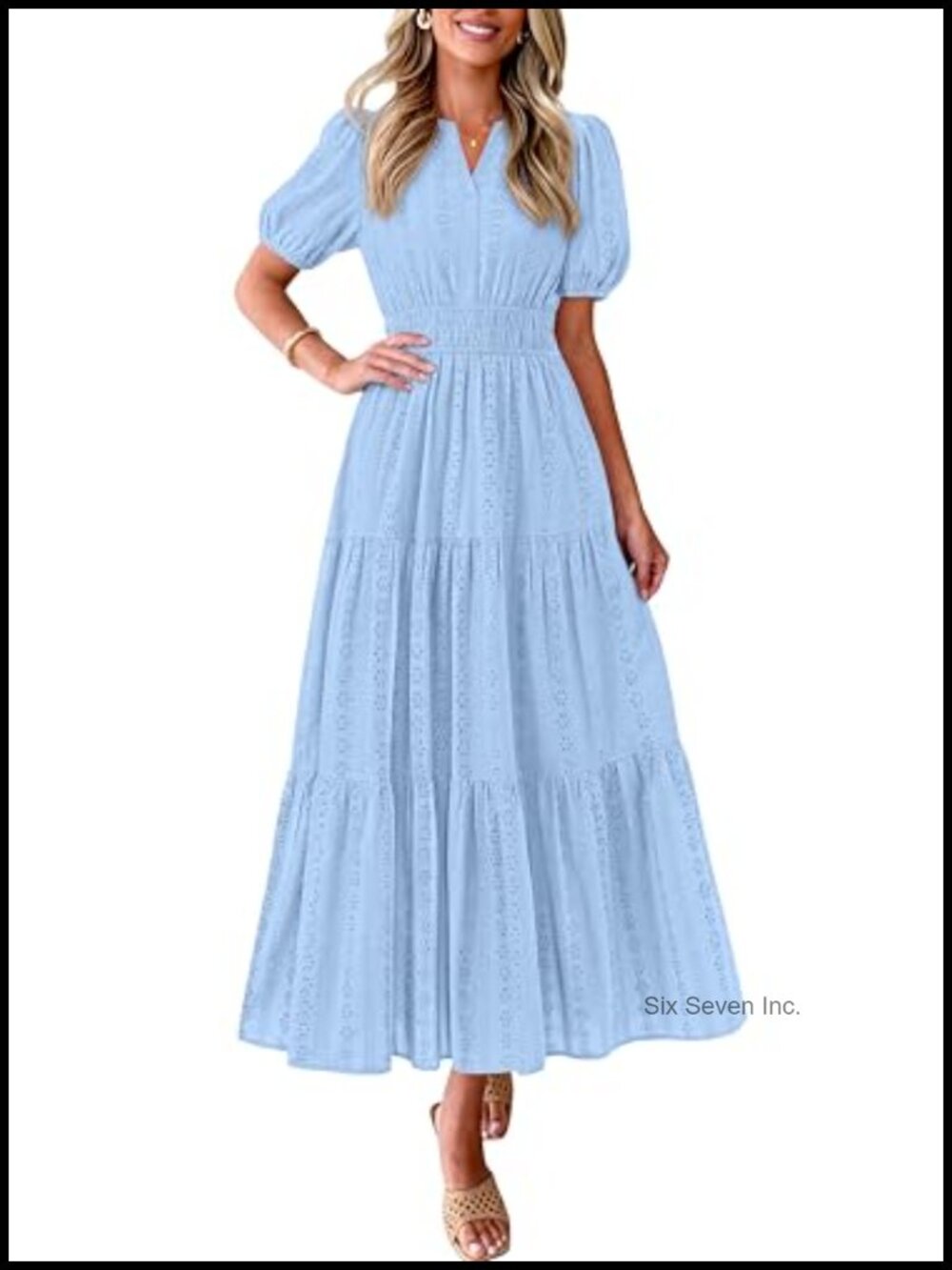 Women's Maxi Dress Puff Sleeve V Neck Smocked A-Line Cotton Sundress